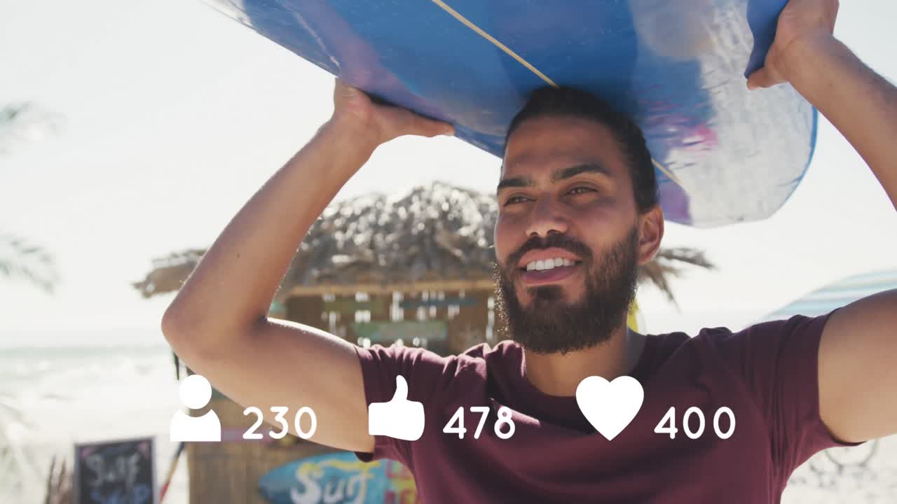 animación de personas, pulgares hacia arriba y iconos de corazón con números sobre hombre con tabla de surf en la playa