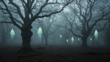 Eerie Specters Woven Into Gloomy Forest: A Haunting Tale of Ghostly Apparitions Gliding Among Twisted Trees in a Misty Landscape