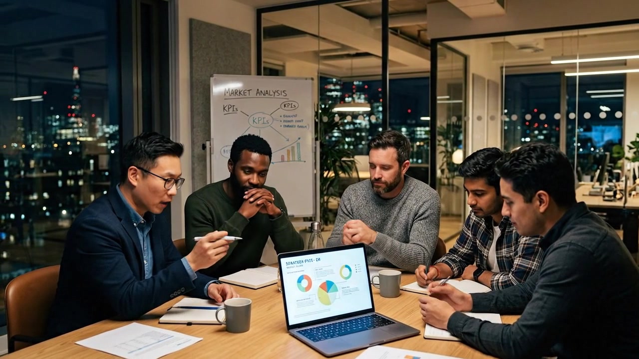 Diverse Business Team Having a Meeting in a Modern Office at Night
