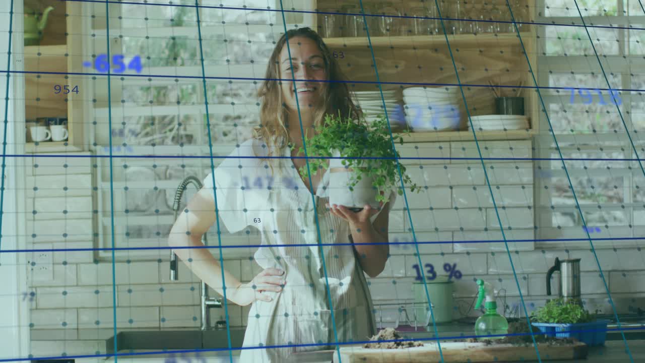 Woman in kitchen lifting plant tapping soil presenting for garden demo AR tech overlay tracking pot