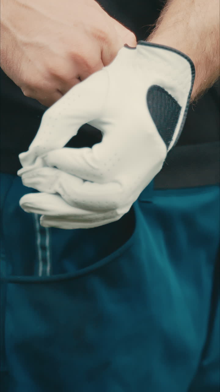 golfista masculino pone guantes blancos en las manos y estira los dedos para encajar y probar el agarre en cámara lenta