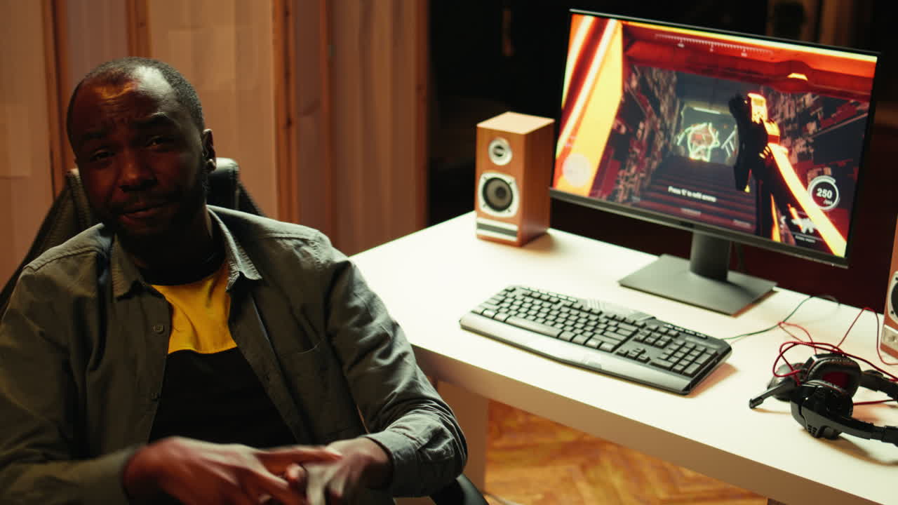 Uomo che si riprende mentre gioca al PC da gaming, dando il benvenuto al pubblico