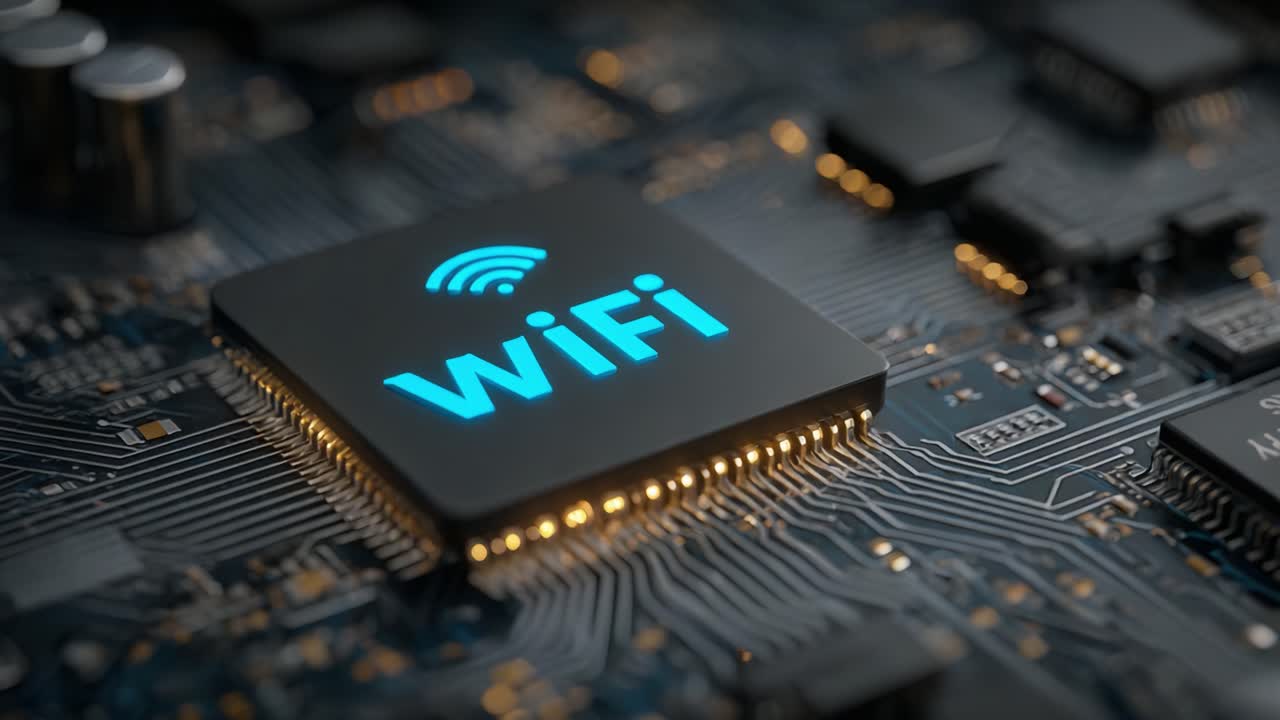 Detailed Close-Up of a Modern WiFi Chip on a Circuit Board Demonstrating Advanced Technology and Connectivity in Electronics