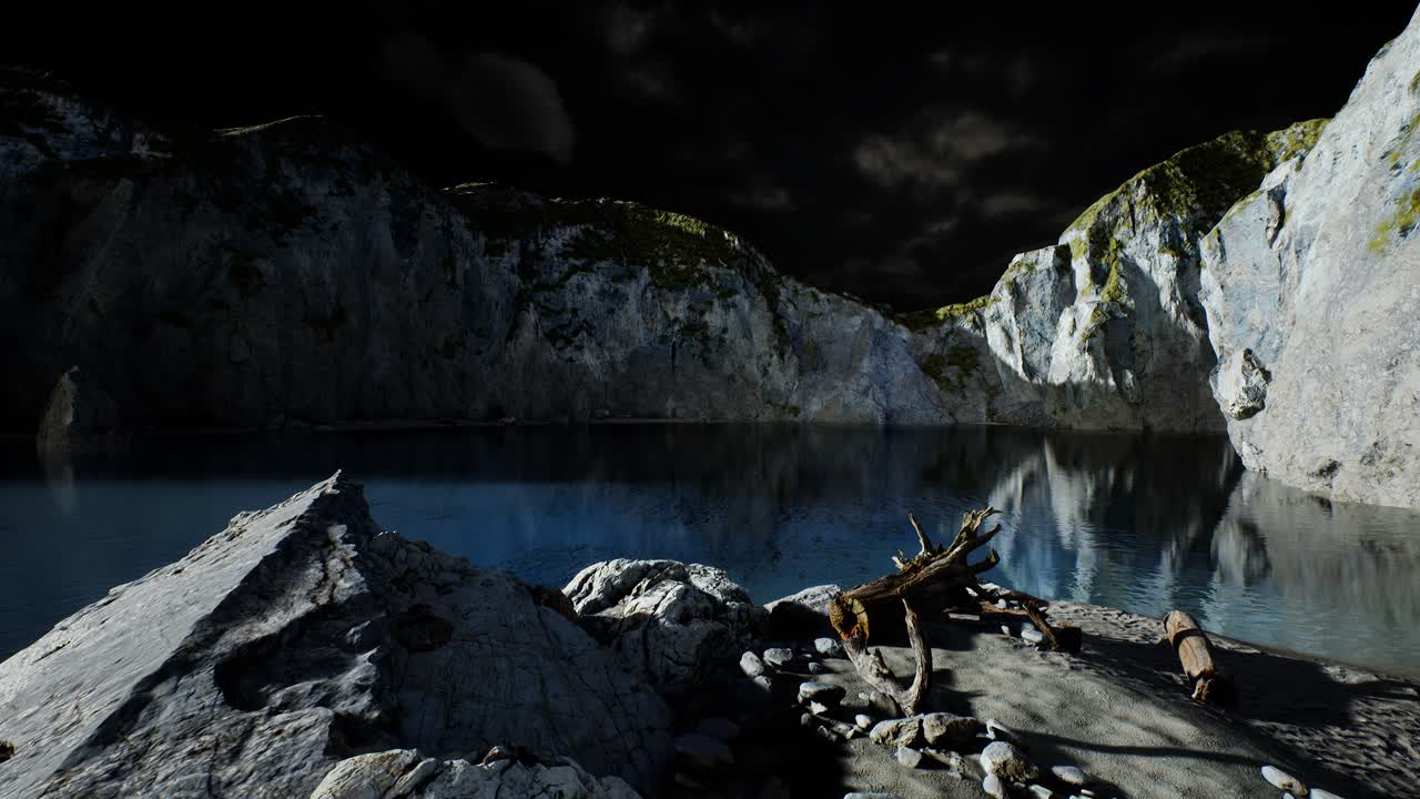 fiordo con nubes oscuras de tormenta