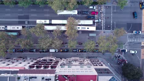 A-bustling-barcelona-street-with-vehicles-and-pedestrians,-early-evening,-aerial-view