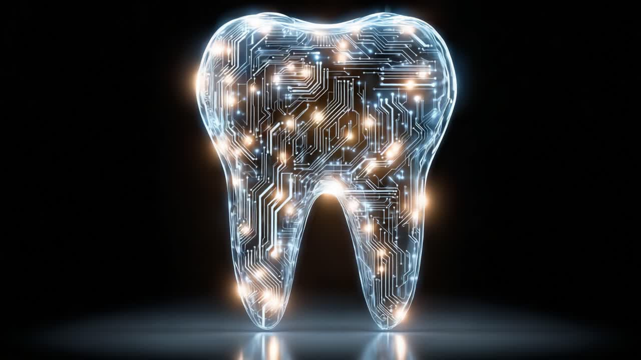 A Glowing Symbol of Innovation in Dentistry: A Futuristic Tooth Design with Circuitry Patterns Illustrating the Intersection of Technology and Oral Health Care