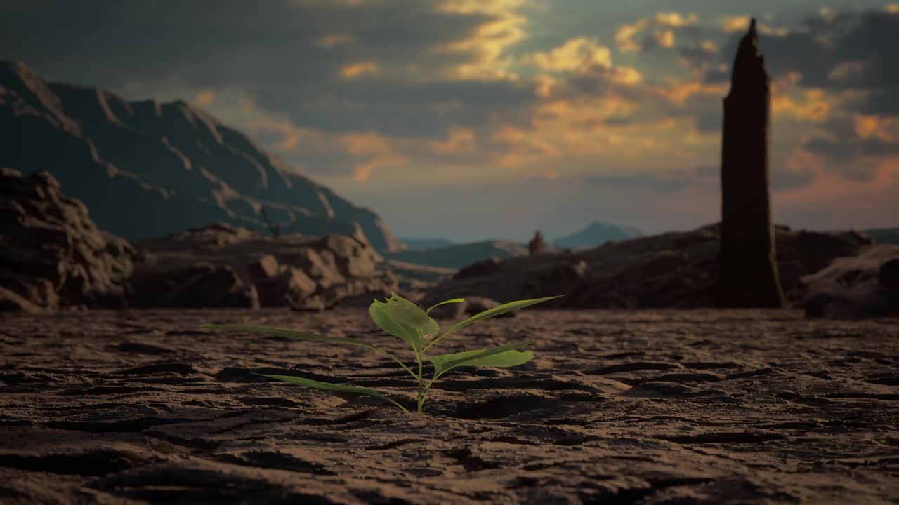 Piccola pianta verde che cresce su terreno secco, superficie di terra o sabbia screpolata e inaridita. Concetto di siccità, mancanza d'acqua, cambiamento climatico, ondata di calore e disastro del riscaldamento globale