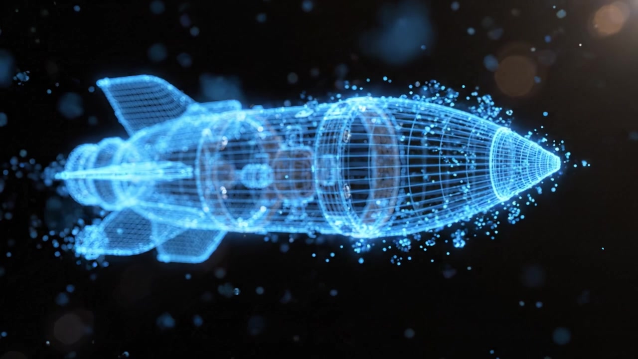 Futuristic 3D Holographic Representation of a Rocket with Intricate Details and Dynamic Effects Showcasing Advanced Technology in Space Exploration Concepts