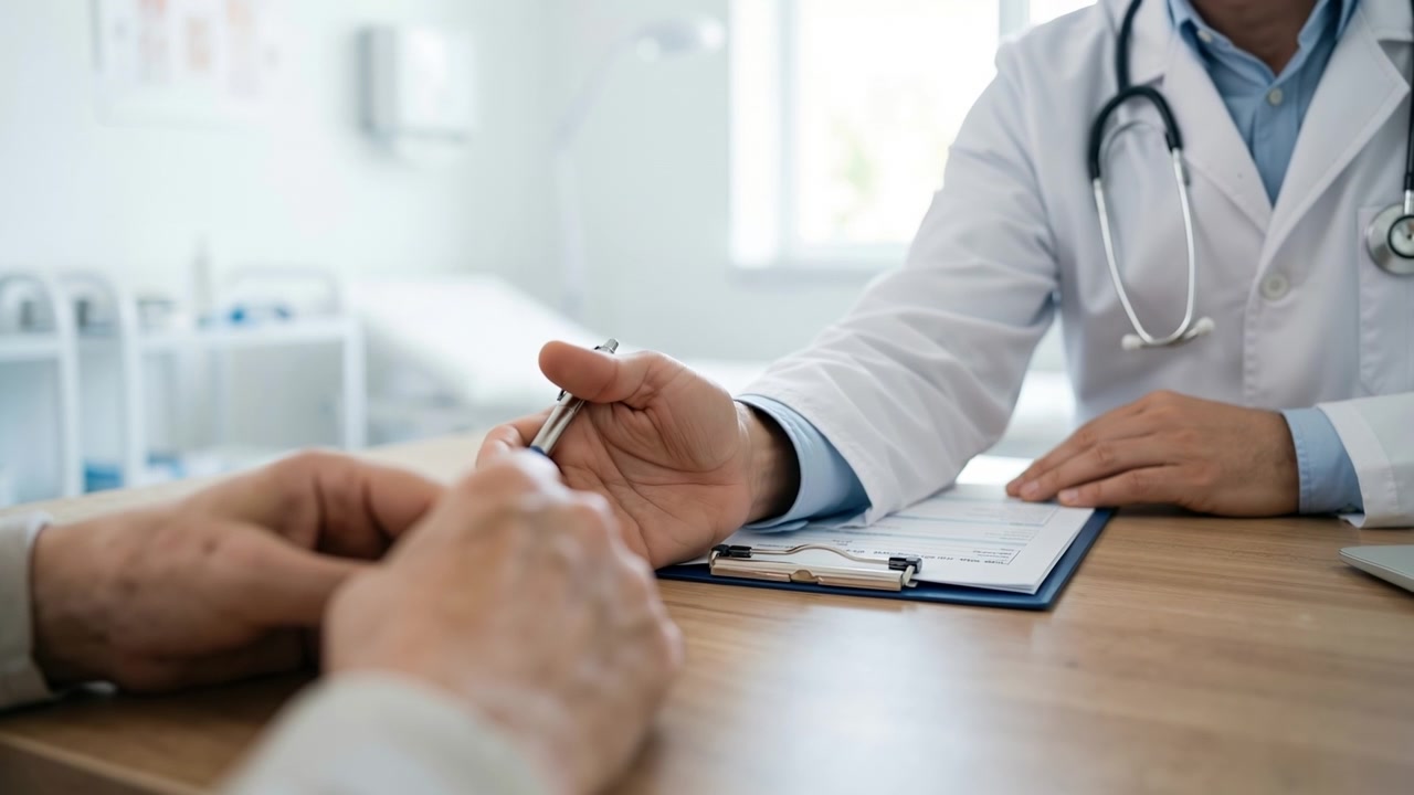 Close up of a male doctor in a white coat filling out a medical form on a clipboard