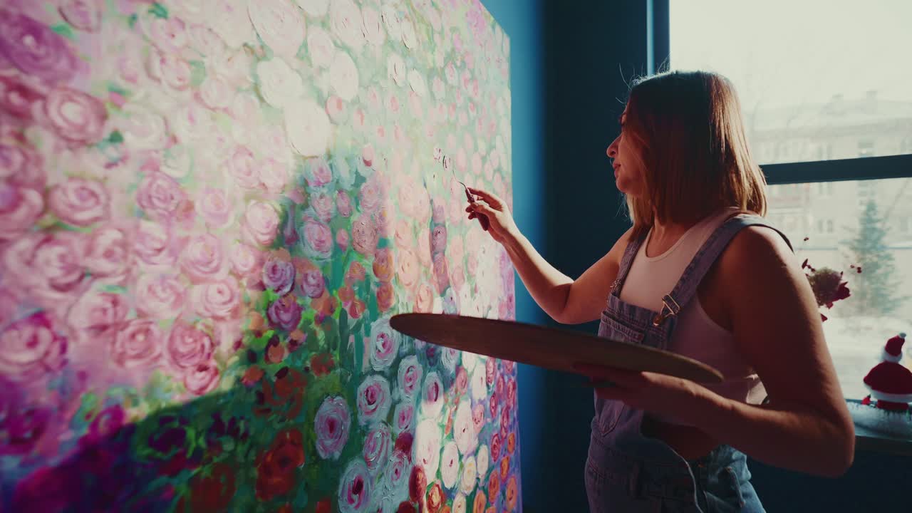 Artista Feminina Pintando uma Grande Tela Floral em Seu Ateliê