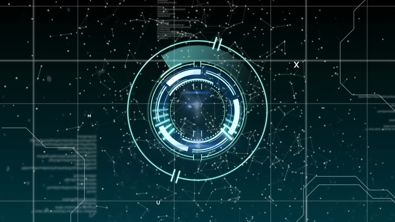 Animation of round scanner, network of connections and data processing against black background