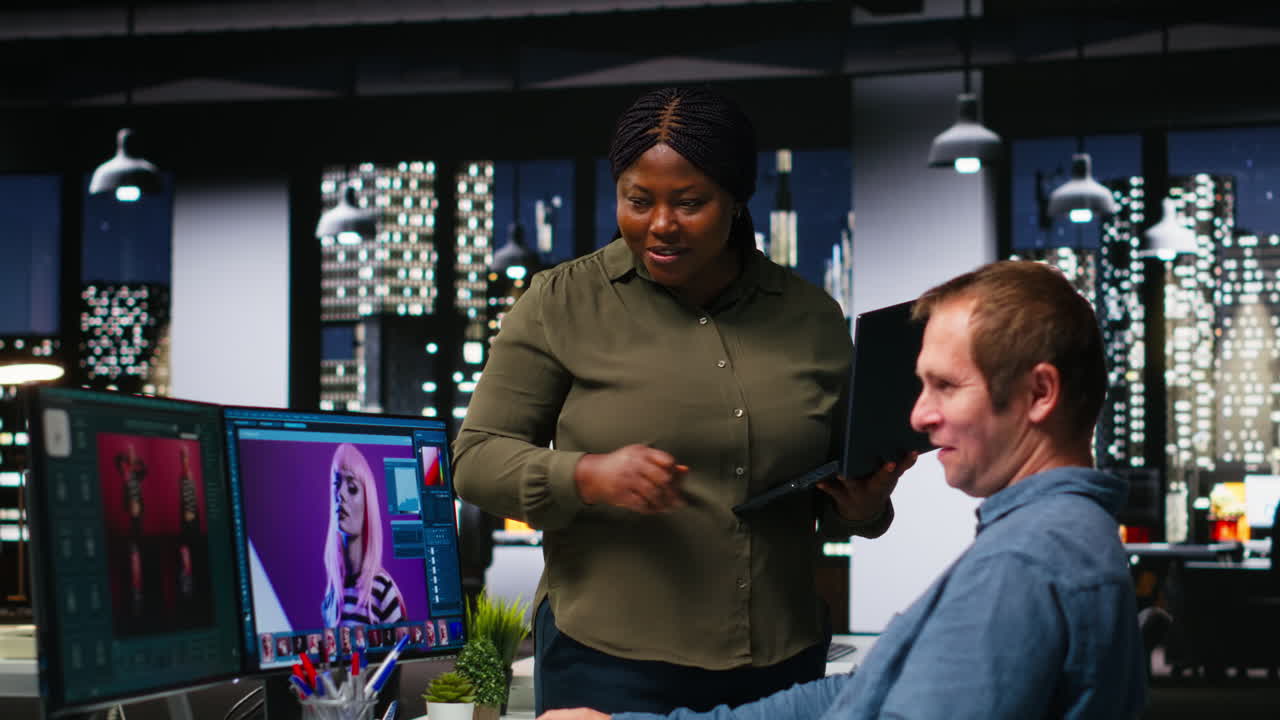 Media editing team retouching AI generated photos for new web content