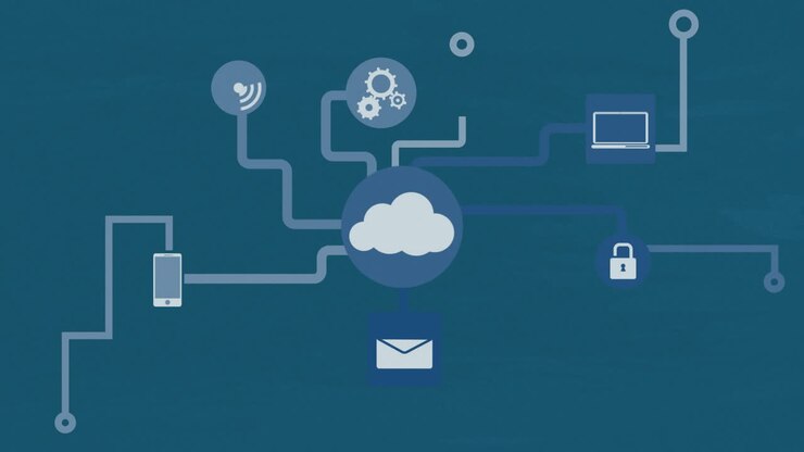 Animation of central cloud icon and digital media network on blue background
