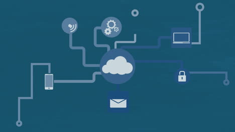 animation of central cloud icon and digital media network on blue background