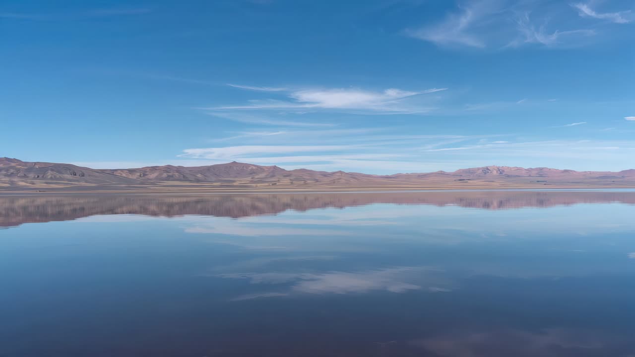 Shifting cirrus clouds causing calm lake surface mirroring distant ridge at high plain