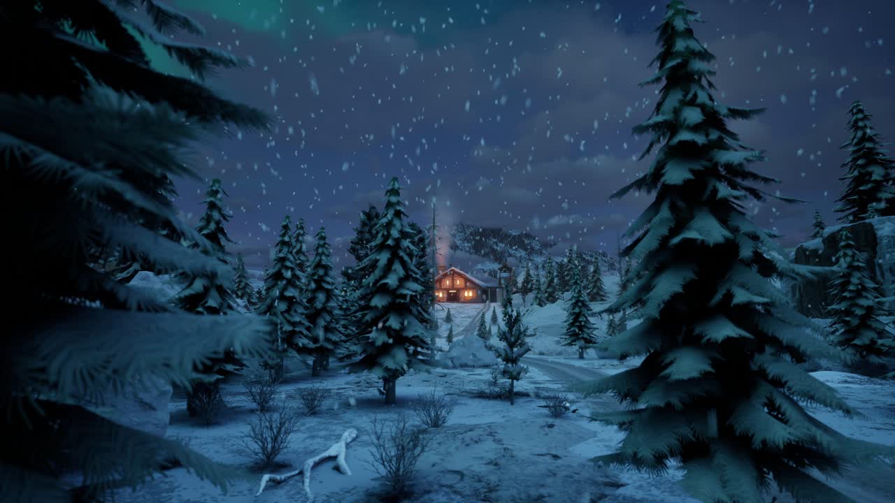 Cabin In Middle Of Snowy Trees, Winter Blue Hour, Snow Falling