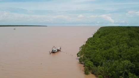 mekong entering the sea in vietnam river delta region in south vietnam, mangrove forest ecosystem, drone aerial view