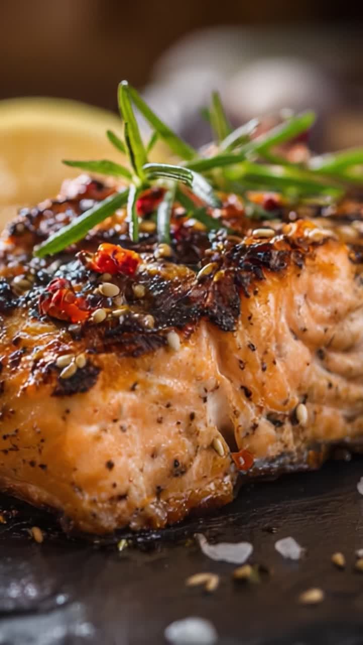 Salmone deliziosamente grigliato con erbe aromatiche e spezie, cotto alla perfezione per esaltarne il sapore e deliziare il tuo palato