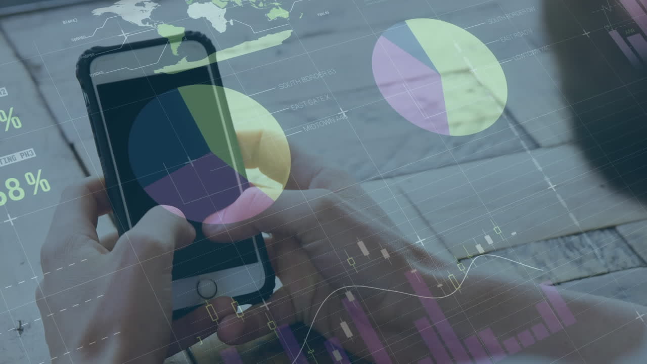 animación del procesamiento de datos financieros sobre un hombre caucásico que usa un teléfono inteligente