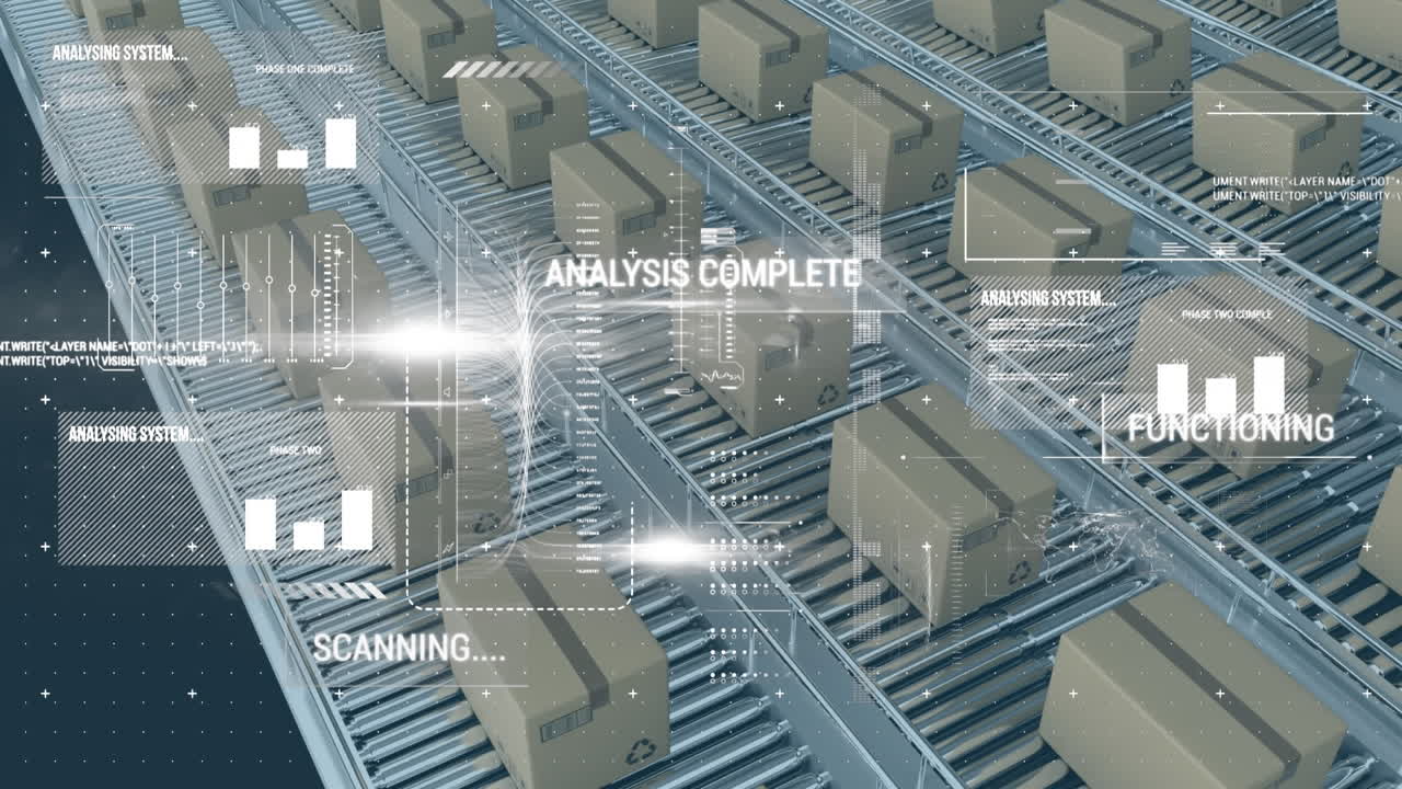 파란색 배경에 대한 컨베이어 벨트에 있는 여러 상자에서 데이터 처리를 하는 디지털 인터페이스