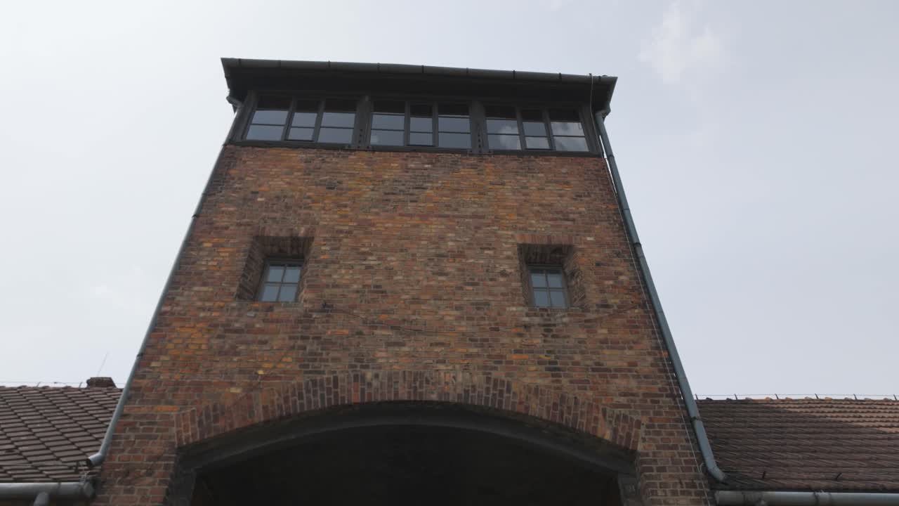 Birkenau's iconic entrance with rail tracks and barbed wire fence, symbolizing Holocaust horrors