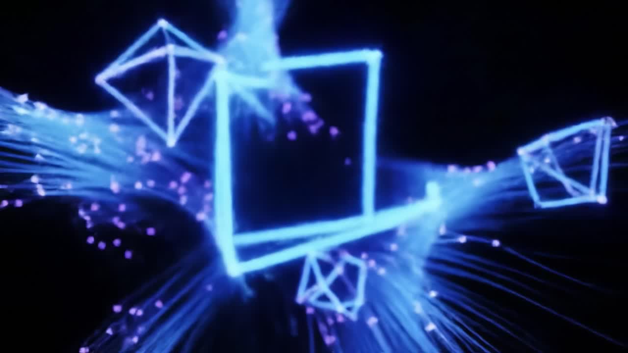 Bright blue light shapes float through a dark digital space, creating a captivating visual experience at a technology showcase. This display highlights innovative design and creativity.