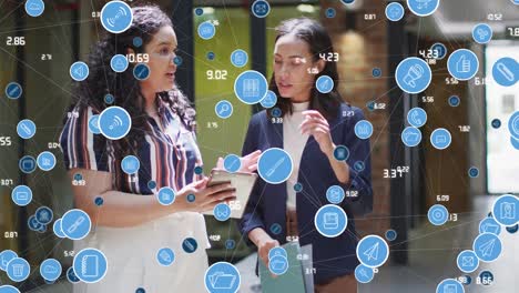 animation of network of connections over diverse female coworkers talking outside office