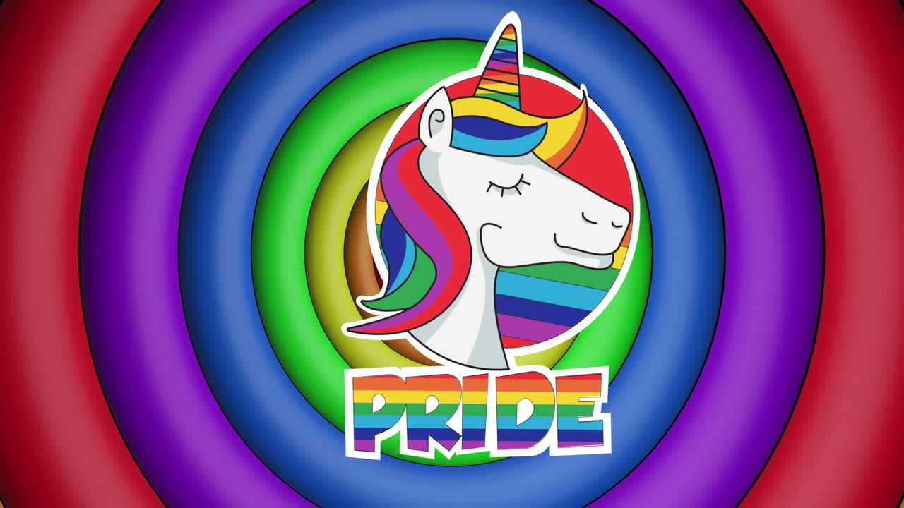무지개 자부심 텍스트와 유니콘의 애니메이션 무지개 서클과 색이 끊임없는 루프로 움직입니다.