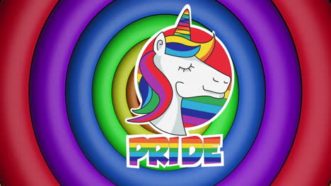 animation of rainbow pride text and unicorn over rainbow circles and colours moving on seamless loop