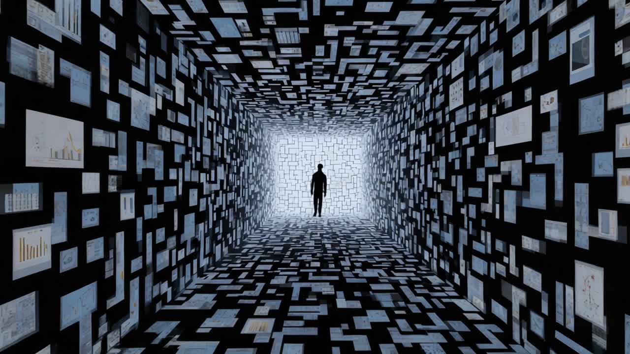 A solitary figure stands at the end of a data-filled corridor, viewing an array of projections that represent insights and analysis, surrounded by a labyrinth of information and creativity in a digital landscape