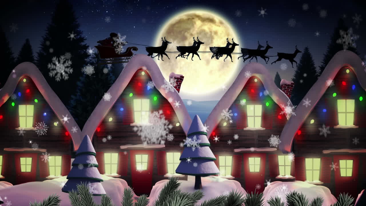 밤하늘의 달에 맞서 겨울 풍경에 여러 나무와 집 위에 떨어지는 눈송이