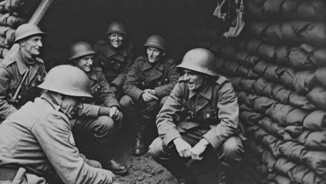 black and white video still of soldiers in a trench, captured from a low angle