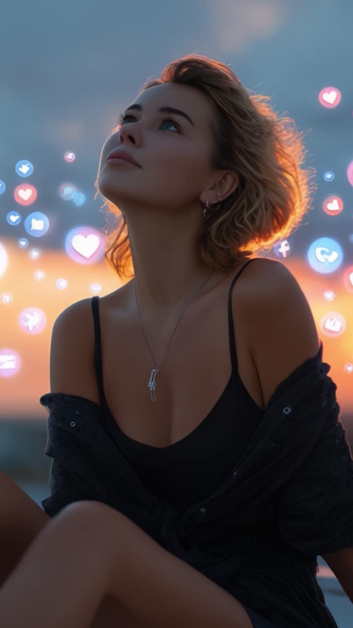 A Beautiful Woman Sitting and Gazing at the Sunset, Surrounded by Floating Social Media Icons Representing Connections and Modern Digital Interaction
