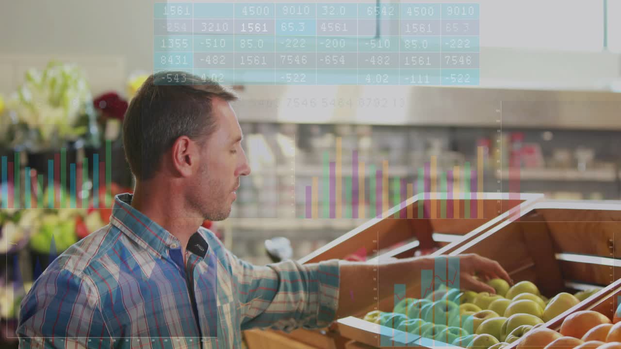 Male shopper approaching grocery bins, examining green apple with overlay charts checking freshness