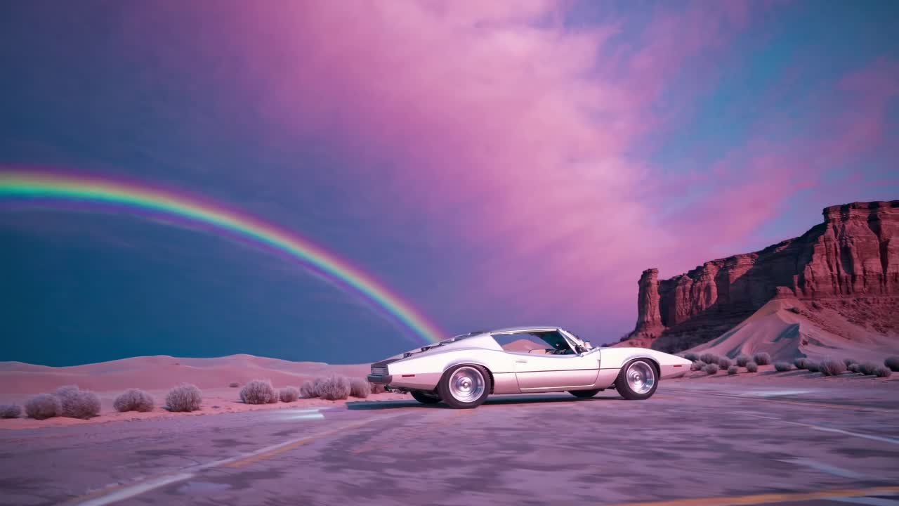 Low-angle video still of a vintage car on a desert road with a vibrant rainbow and pink sky