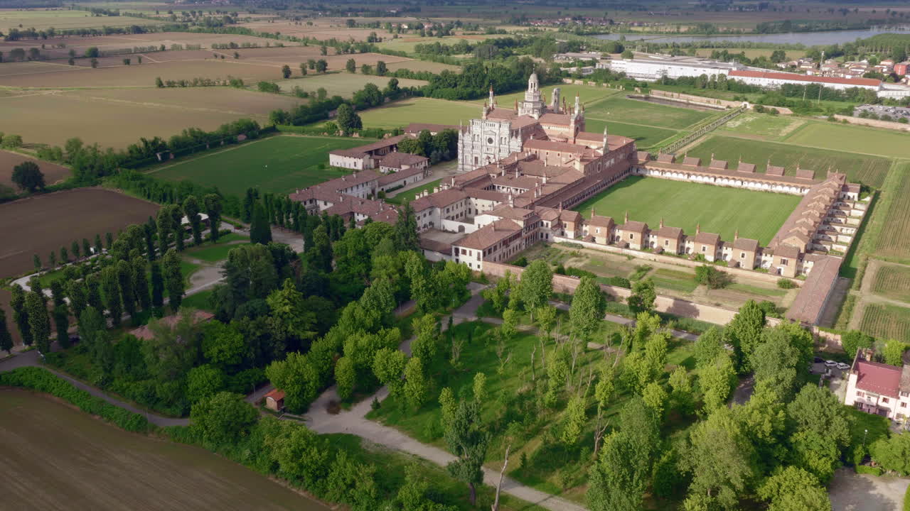 Nice aerial view of Certosa di Pavia Gra-Car (Gratiarum Carthusia, Monastery of Santa Maria delle Grazie - Sec. XIV), Pavia, Italy