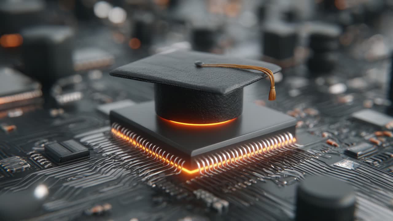 A Close-Up Look at the Fusion of Technology and Education: A Graduation Cap Resting on a Circuit Board Highlights the Intersection of Learning and Innovation