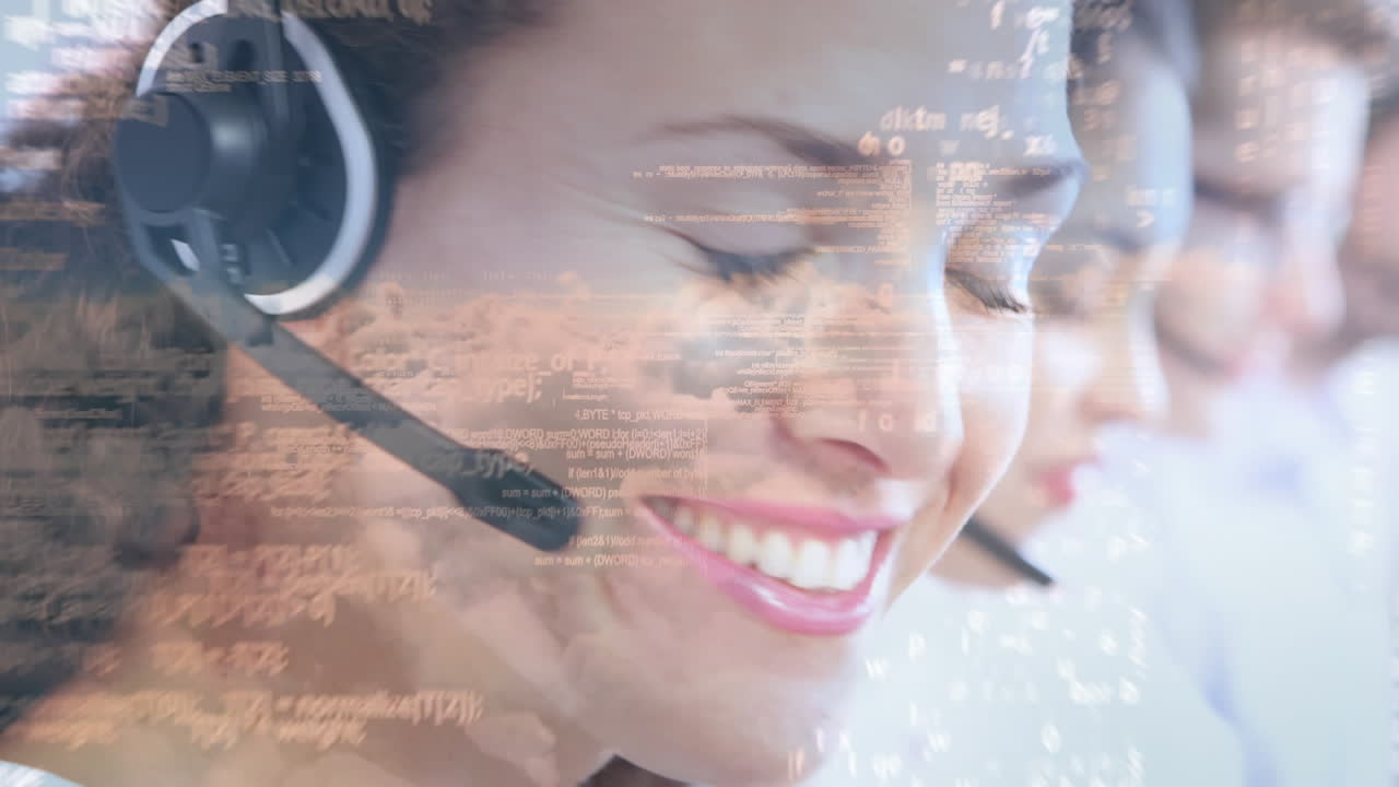 Animation of data processing over businesspeople wearing phone headset