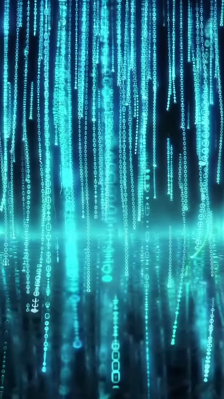 Futuristic video concept with glowing blue binary code. Low angle, digital rain style. Live mobile