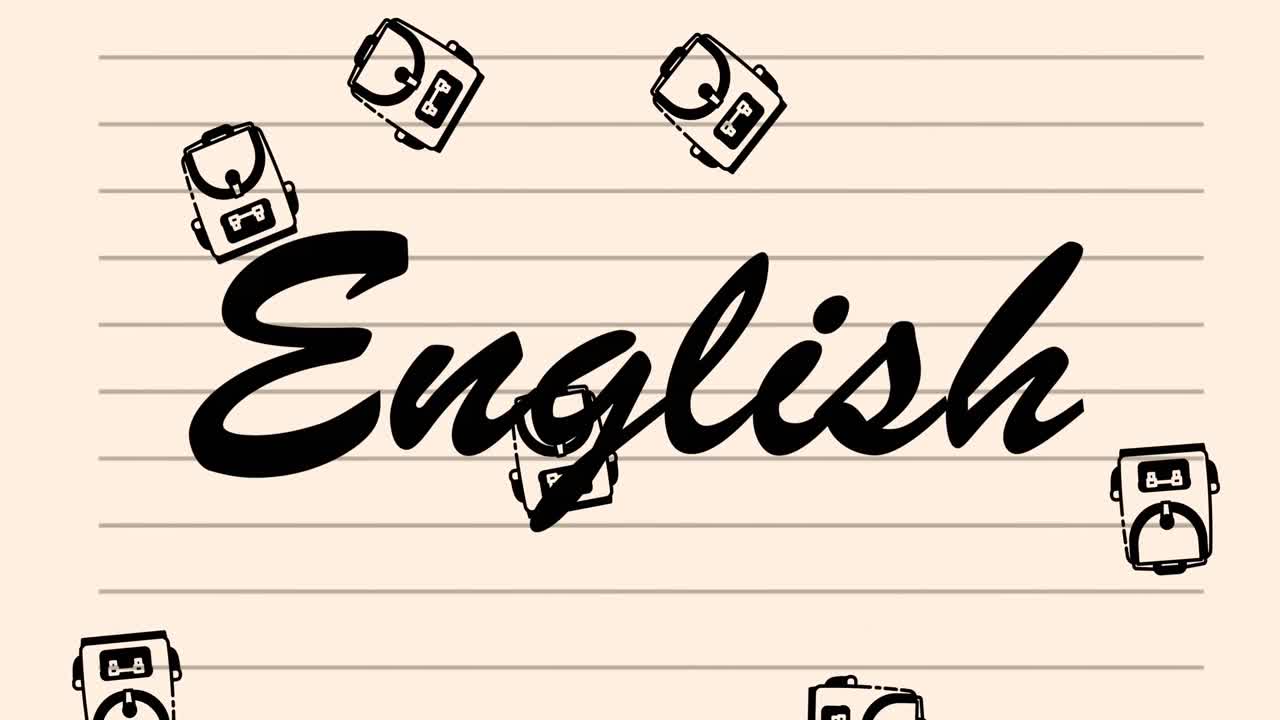 animación de texto en inglés e iconos de artículos escolares que se mueven sobre un fondo blanco