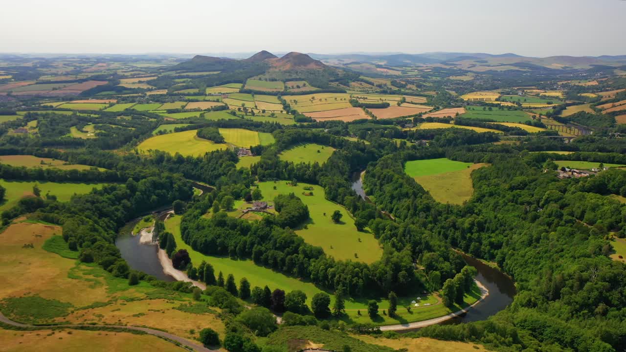 Aerial of Scottish Borders, Scott's View Over The River Tweed, Scotland