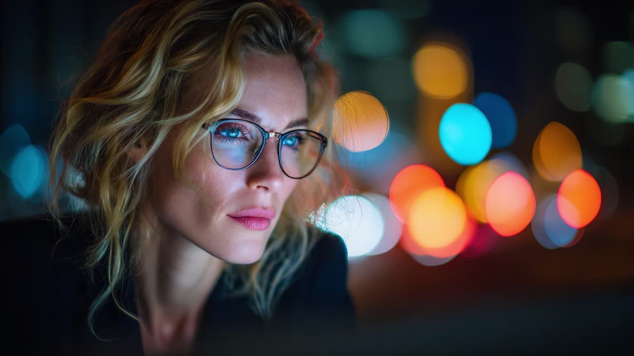 Captivating Portrait of a Thoughtful Woman in Glasses, Illuminated by City Lights at Night, Reflecting on Life's Moments with a Pensive Expression