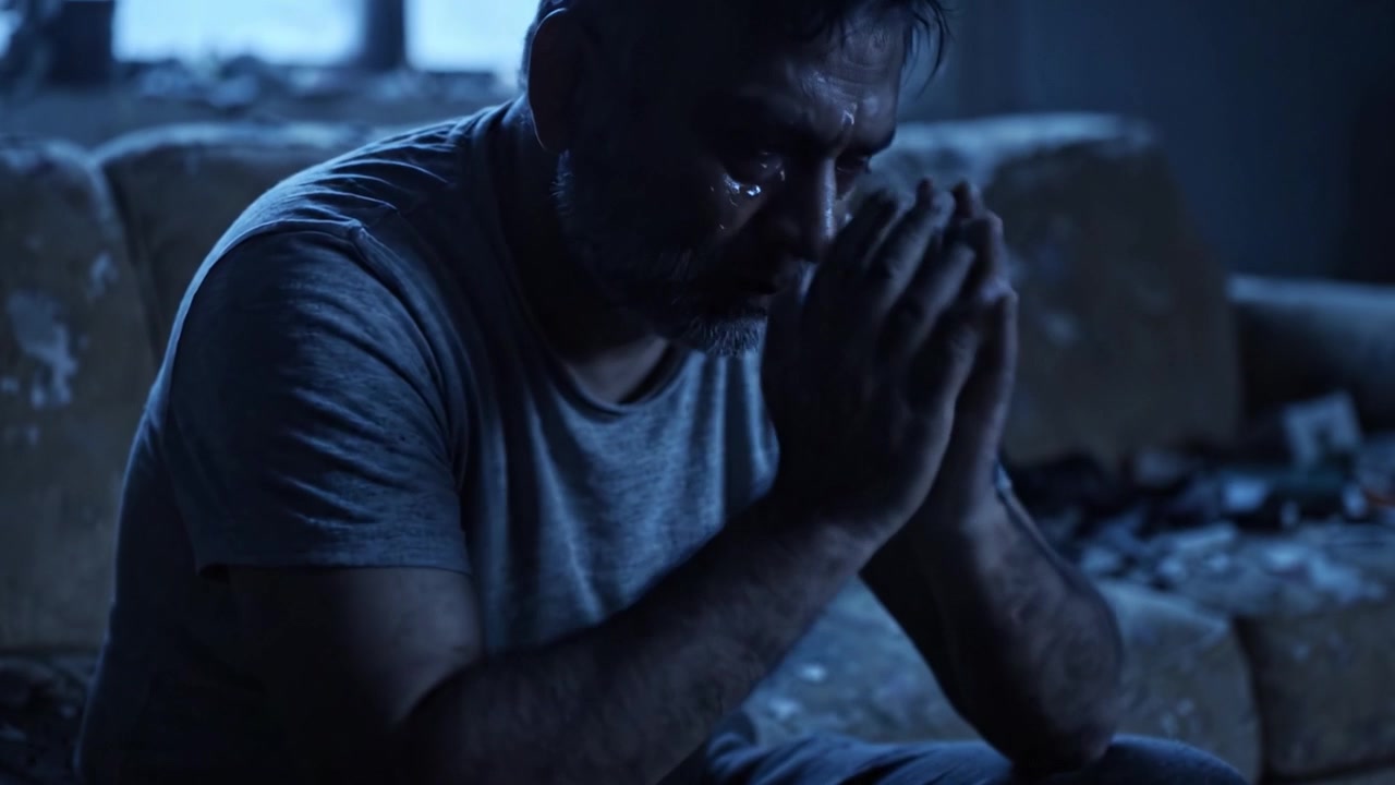 Un uomo contempla i suoi problemi in una stanza poco illuminata, circondato da ricordi e ombre del passato, catturando il peso del tumulto emotivo e della riflessione