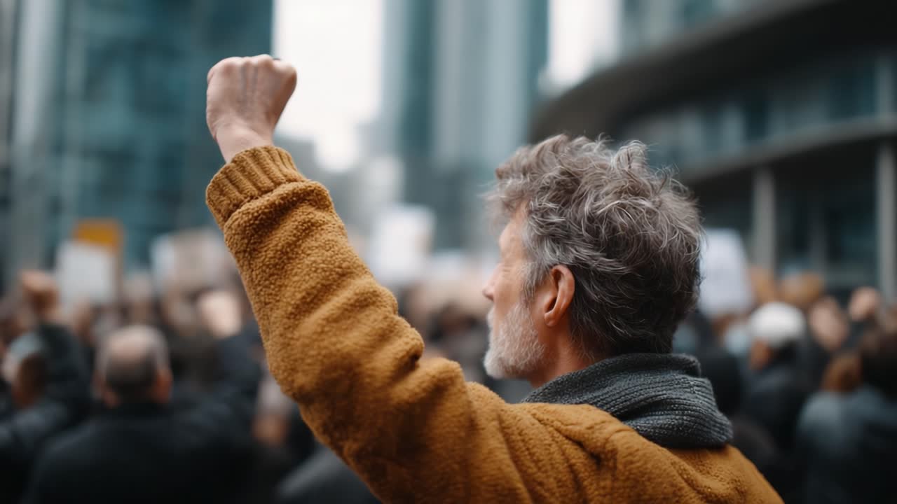A determined individual raises a fist in solidarity during a large public demonstration advocating for change and justice among a crowd of supporters in an urban setting