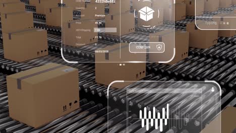 animación del procesamiento de datos en pantallas sobre cajas de cartón en cintas transportadoras