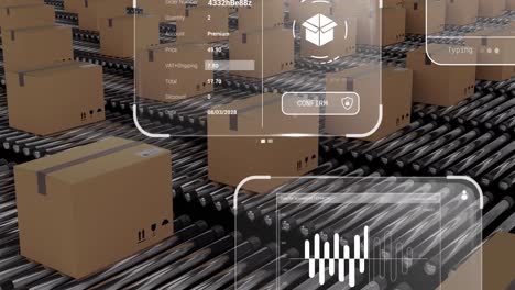 animation of data processing on screens over cardboard boxes on conveyor belts