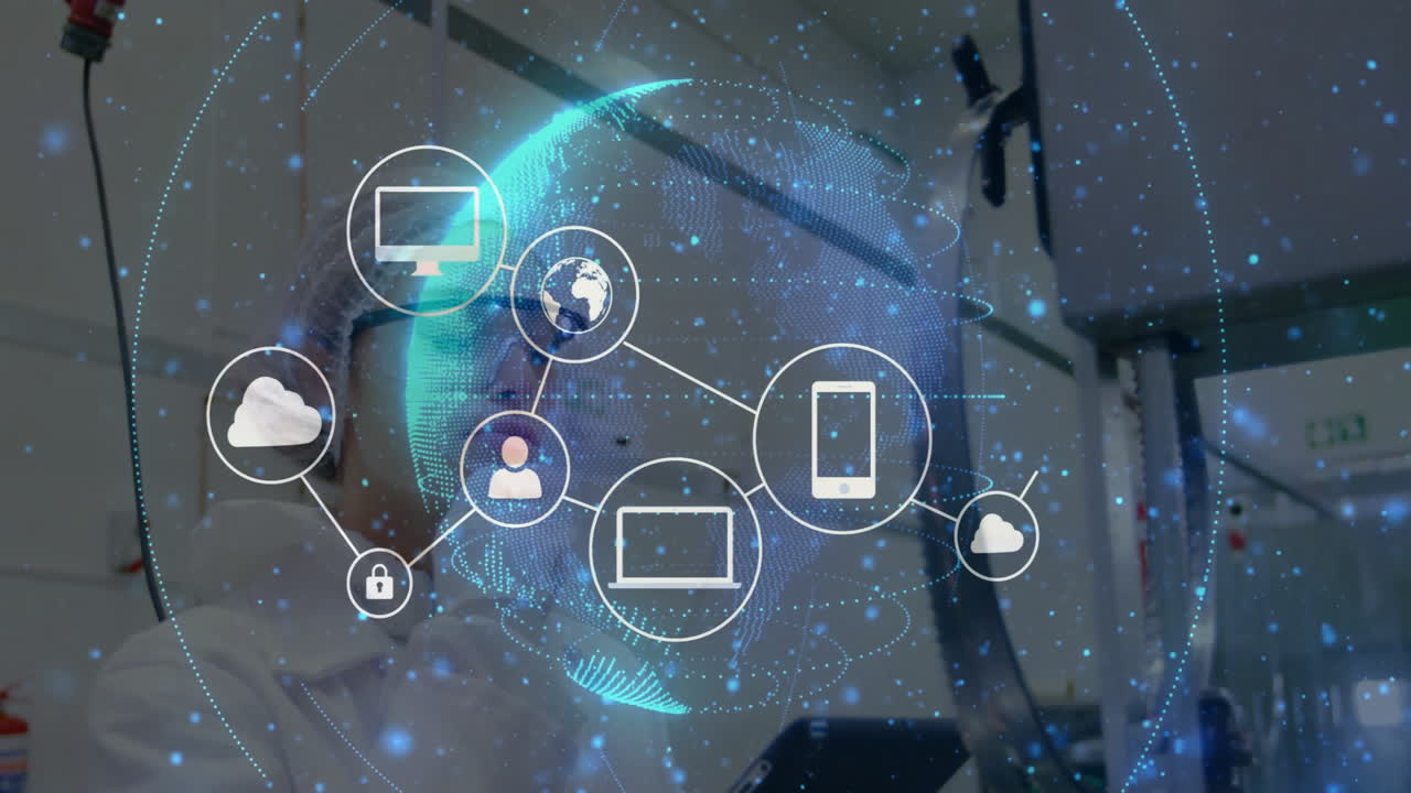woman scientist analyzing holographic globe network in tech lab, illustrating data security