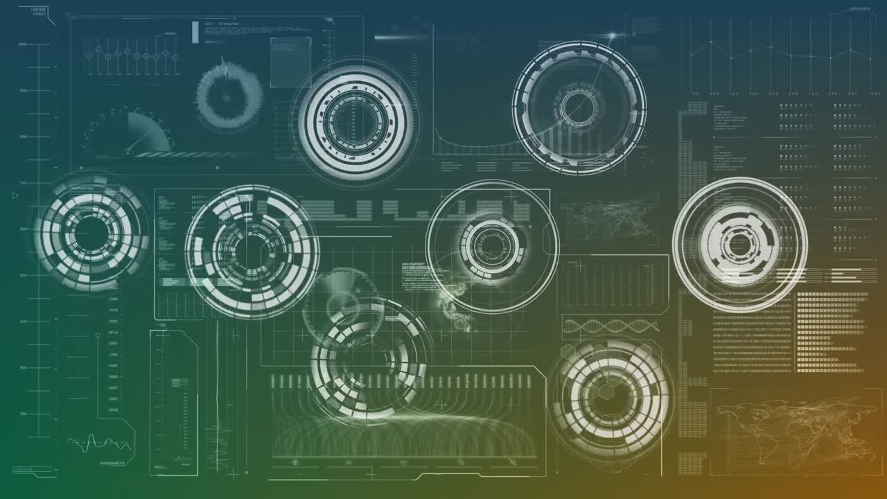 Rotating circles on a background filled with graphs and statistics