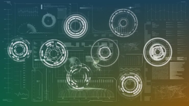 Rotating circles on a background filled with graphs and statistics