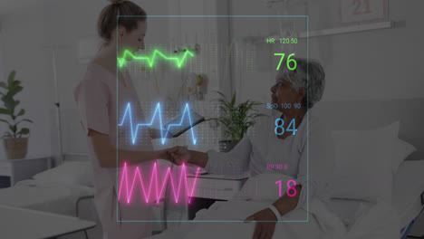 Animation-of-colourful-cardiographs-over-diverse-patient-and-doctor-using-tablet